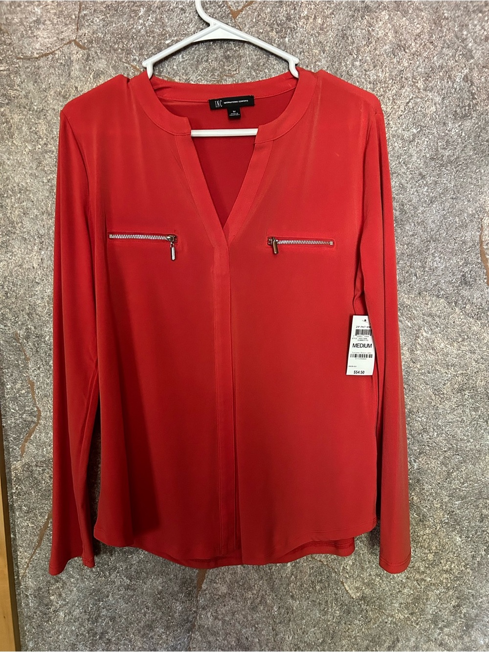 INC International Concepts V-Neck Long-Sleeve Top with Zip Pockets